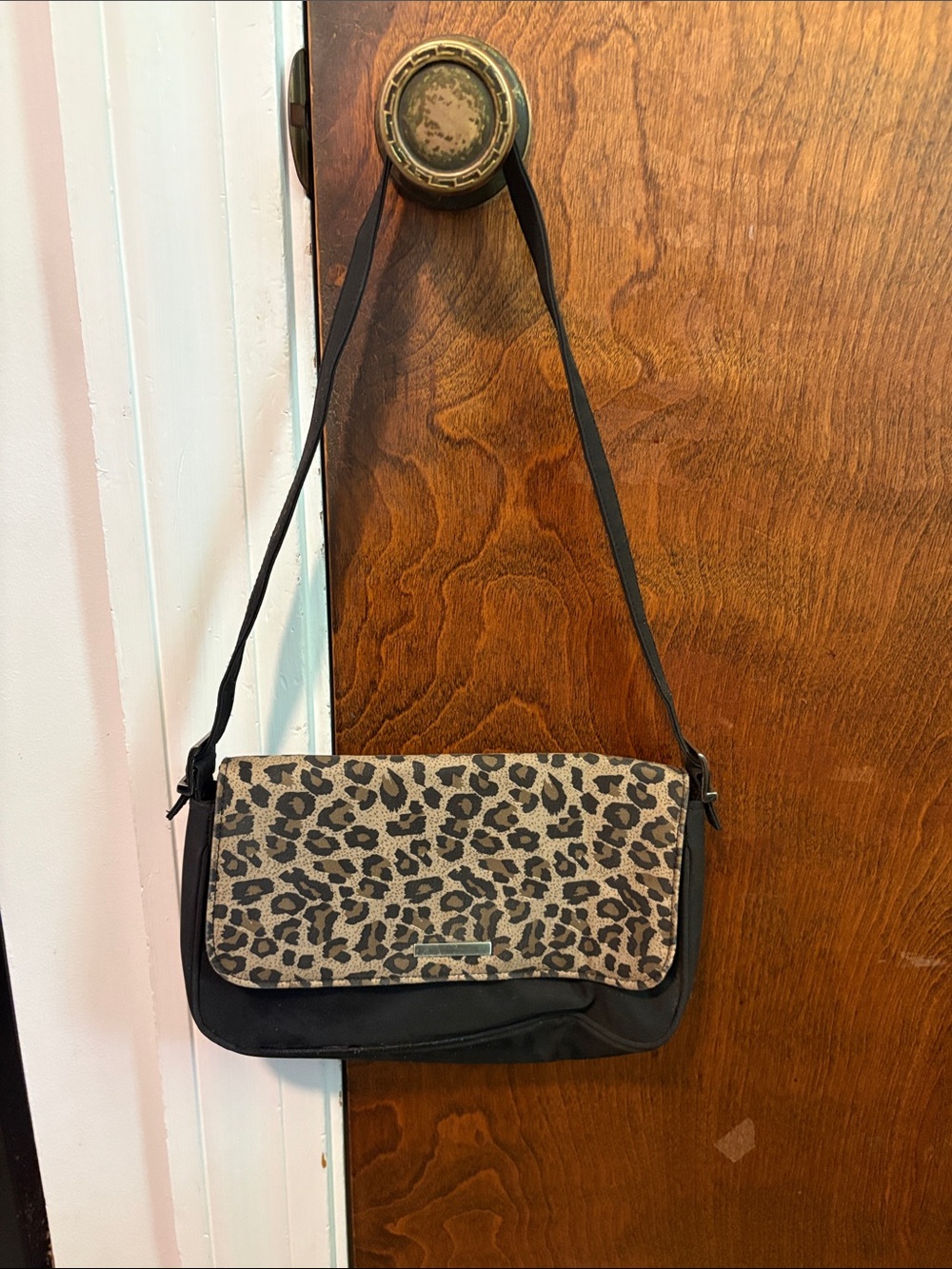 Leopard Print Flap shoulder Bag - Black and Tan